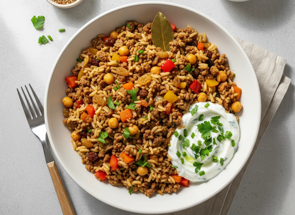 Gewürzreis mit Hackfleisch und Joghurt-Dip photo