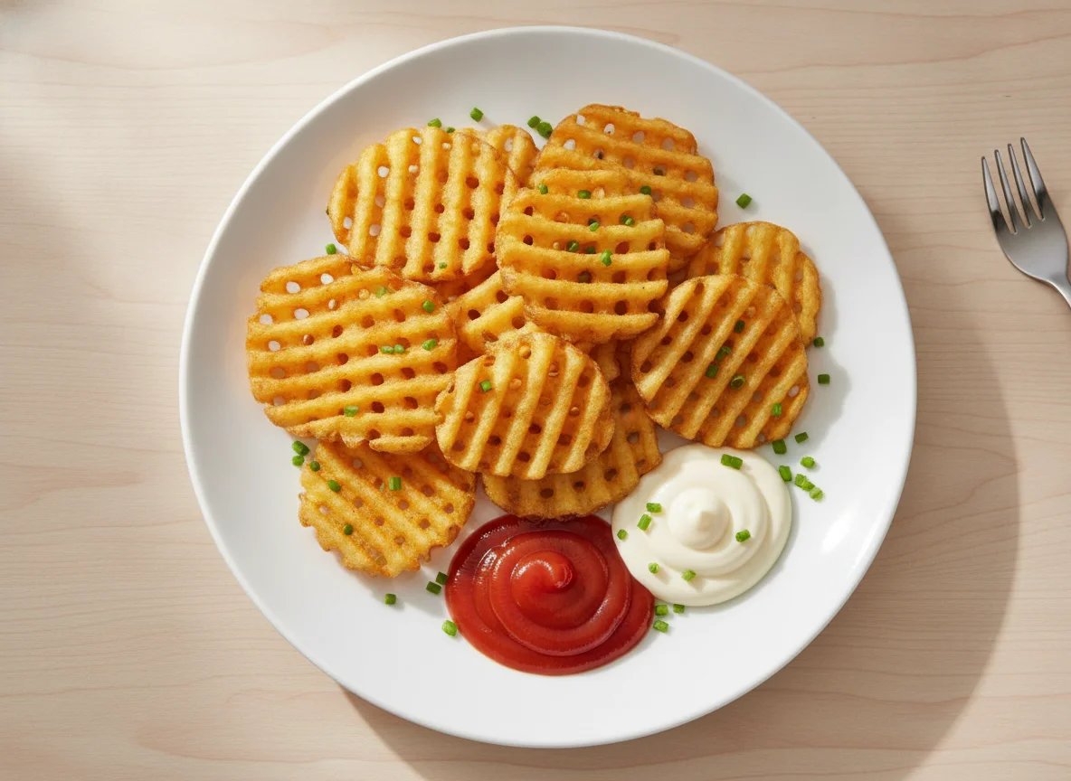 Gitterkartoffeln mit Ketchup und Mayonnaise photo