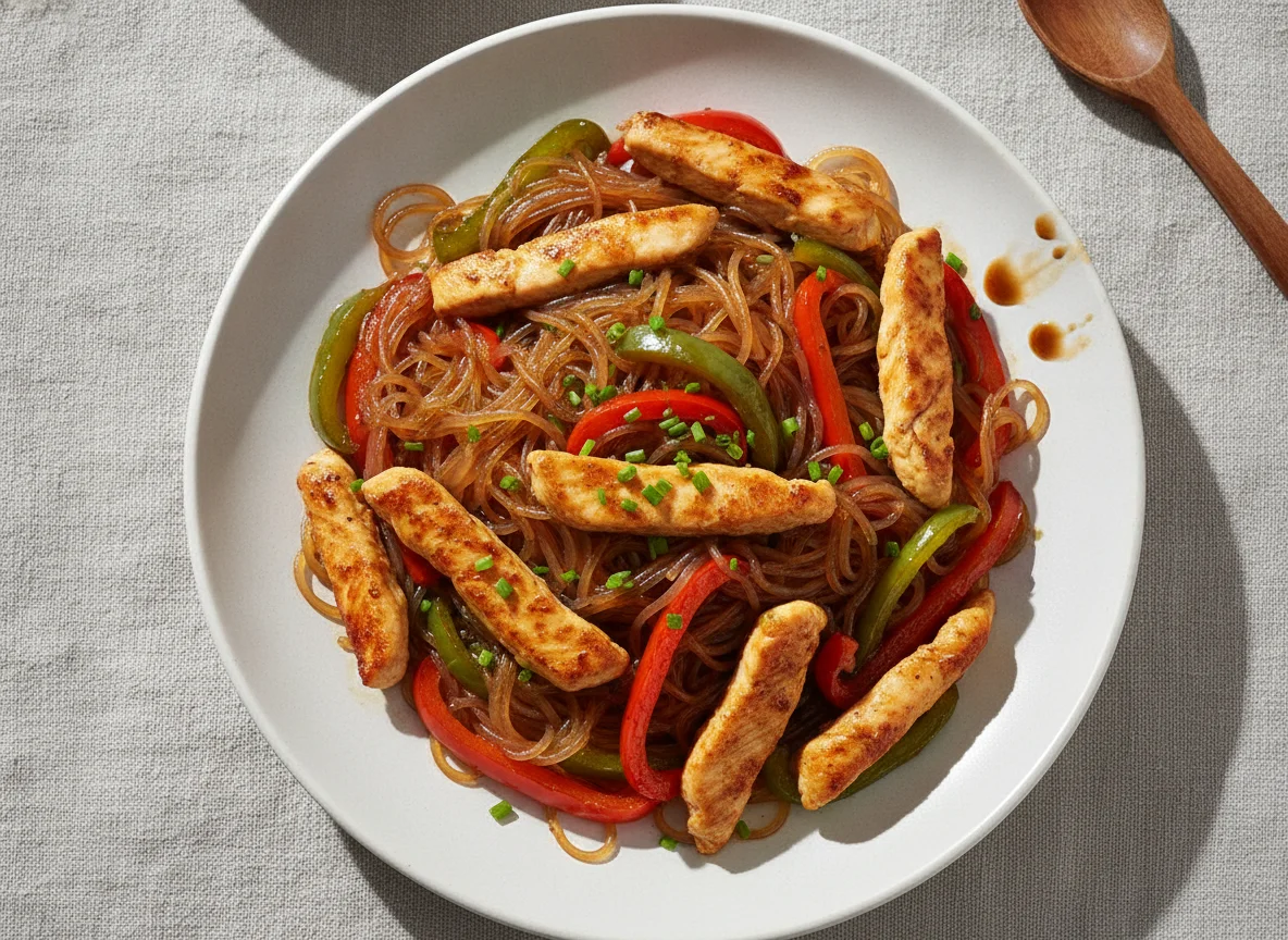 Glasnudelpfanne mit Hähnchen und Gemüse photo