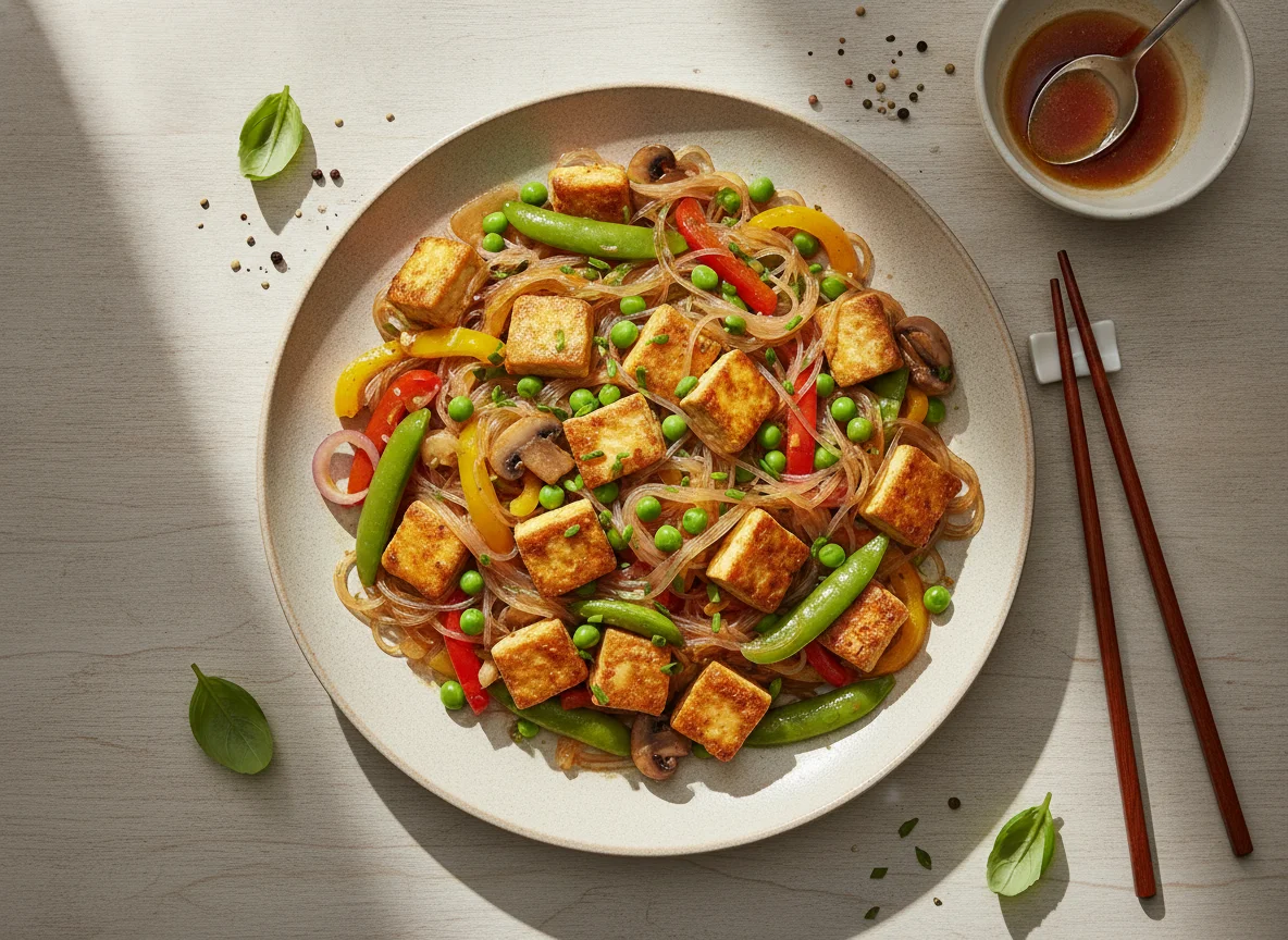 Glasnudelpfanne mit Tofu und Gemüse photo