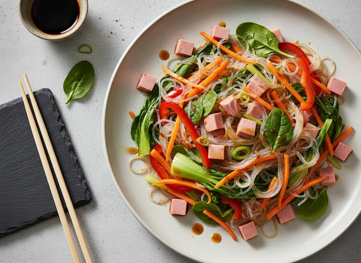 Glasnudelsalat mit Gemüse und Wurst photo