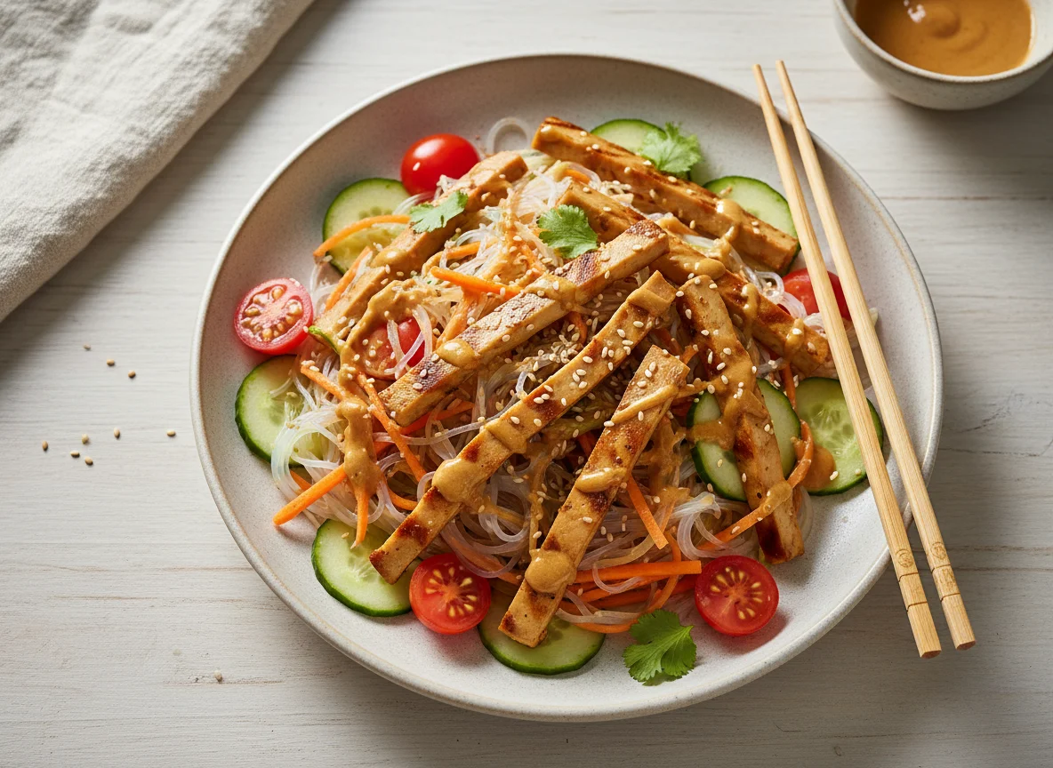 Glasnudelsalat mit Seitan, Gemüse und Erdnusssauce photo