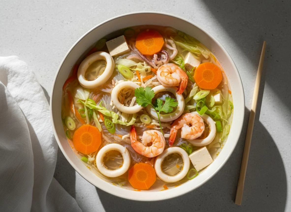 Glasnudelsuppe mit Meeresfrüchten und Gemüse photo
