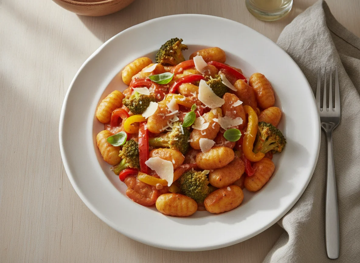Gnocchi in cremiger Sauce mit Gemüse photo