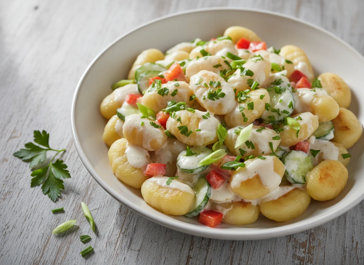 Gnocchi in Sahnesauce mit Gemüse und Kräutern photo
