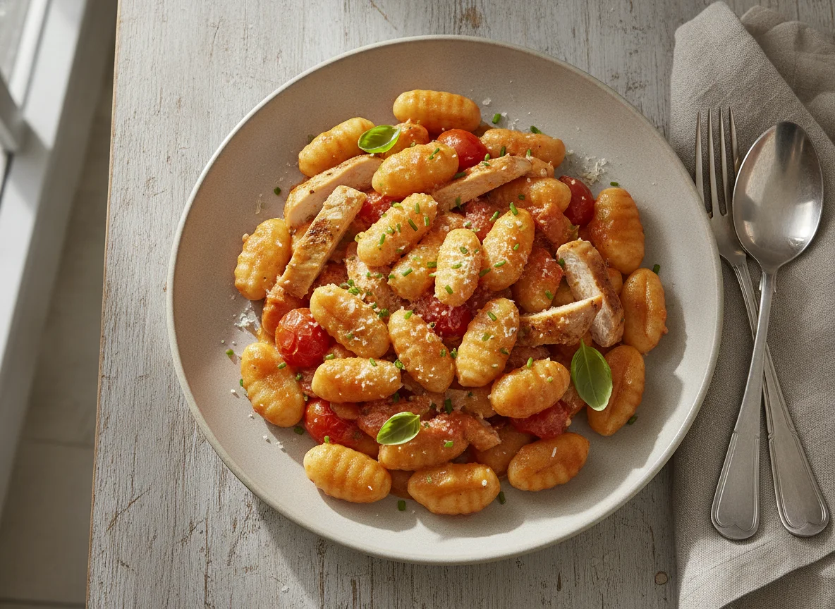 Gnocchi in Tomaten-Sahnesauce mit Hähnchen photo