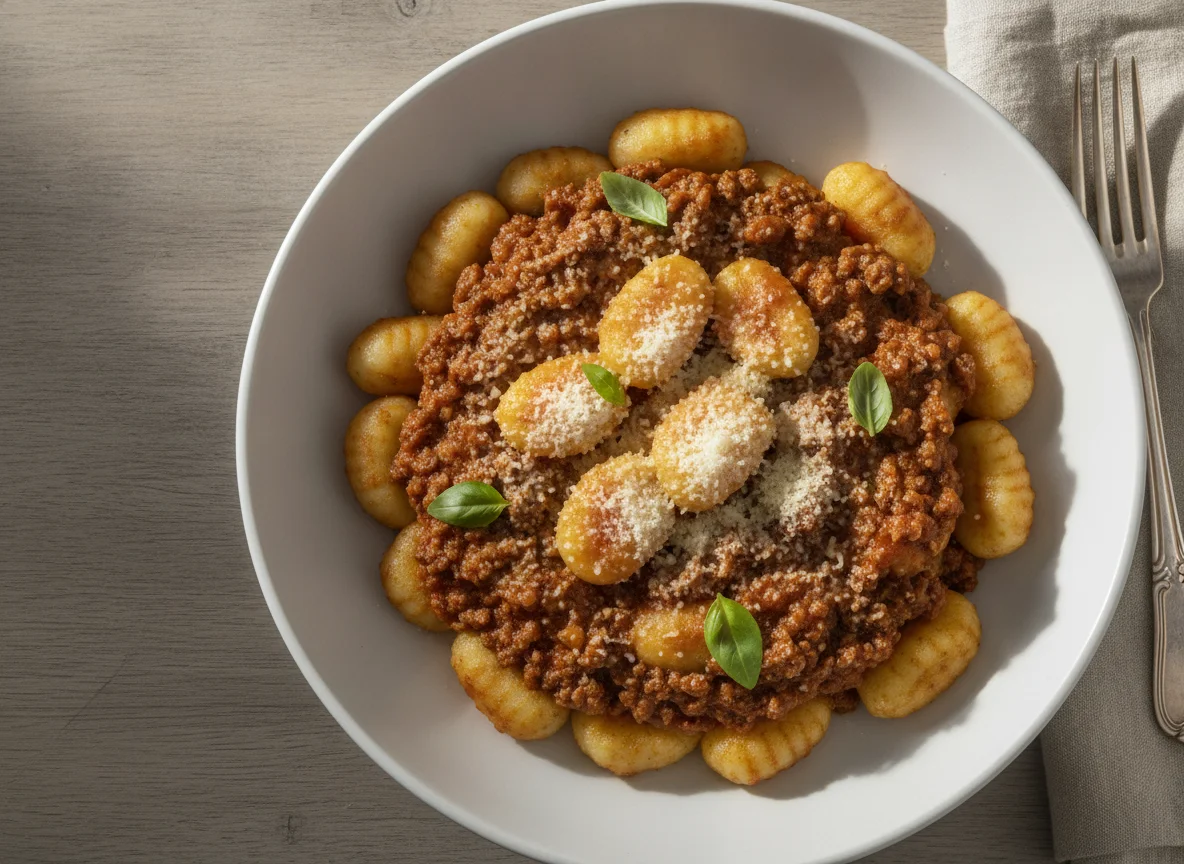 Gnocchi mit Bolognese-Sauce und Parmesan photo