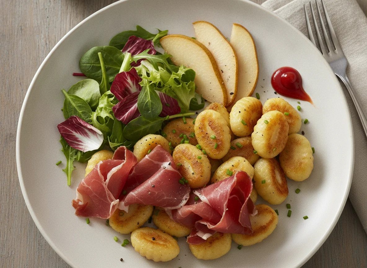Gnocchi mit Bündnerfleisch, Birne und Salat photo