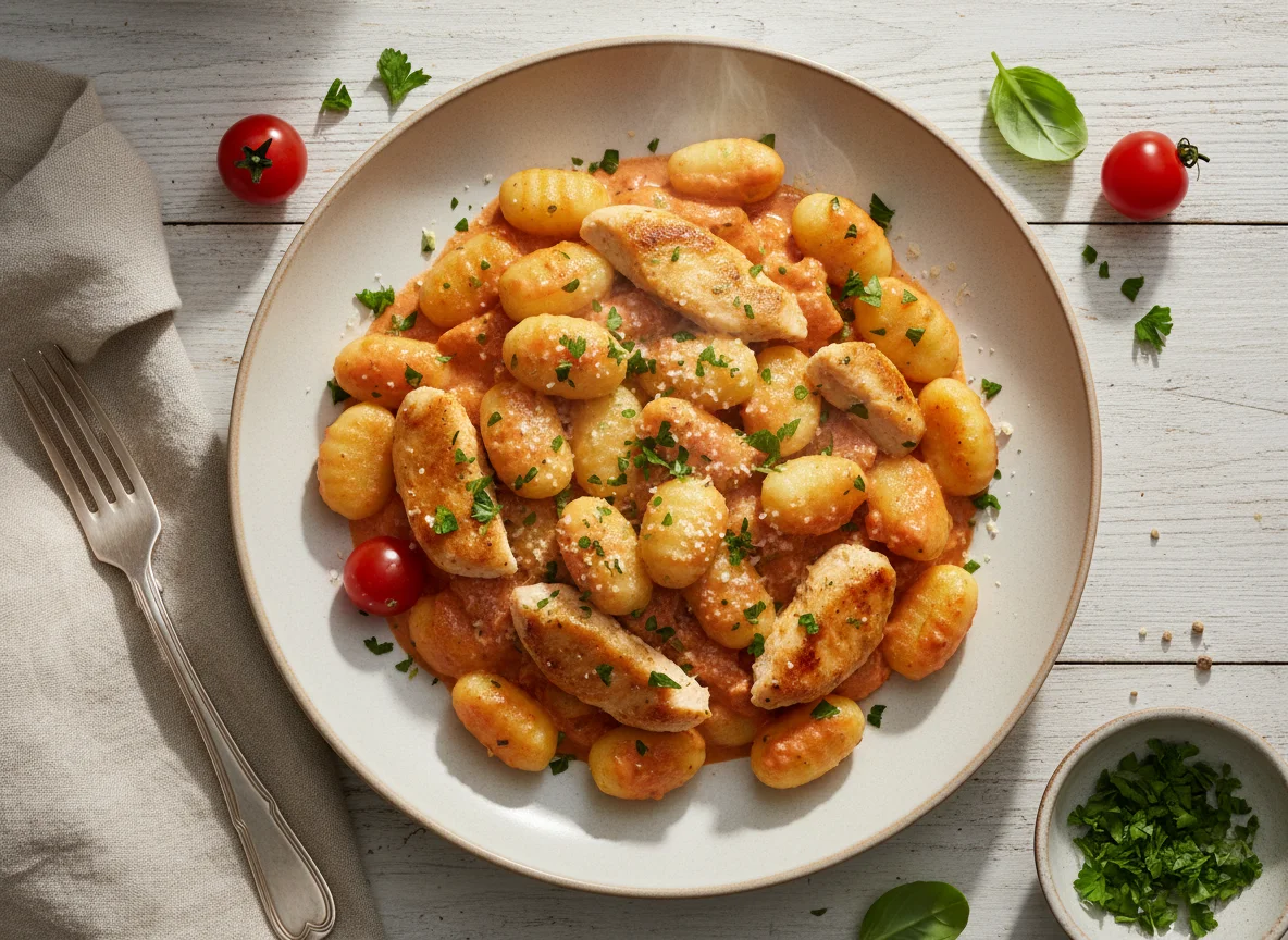 Gnocchi mit cremiger Tomaten-Sahne-Sauce und Hähnchen photo