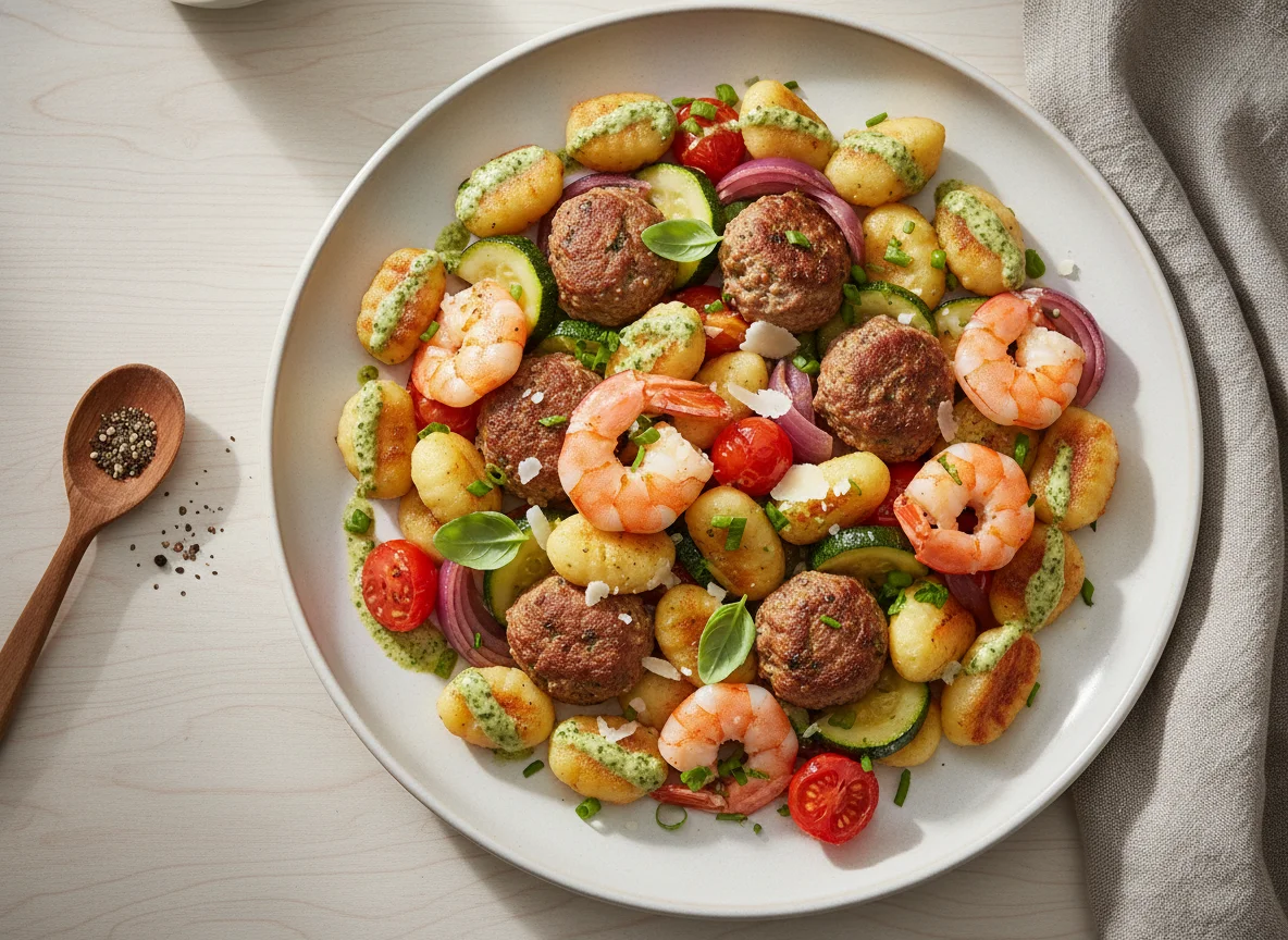 Gnocchi mit Garnelen, Hackbällchen und Gemüse photo