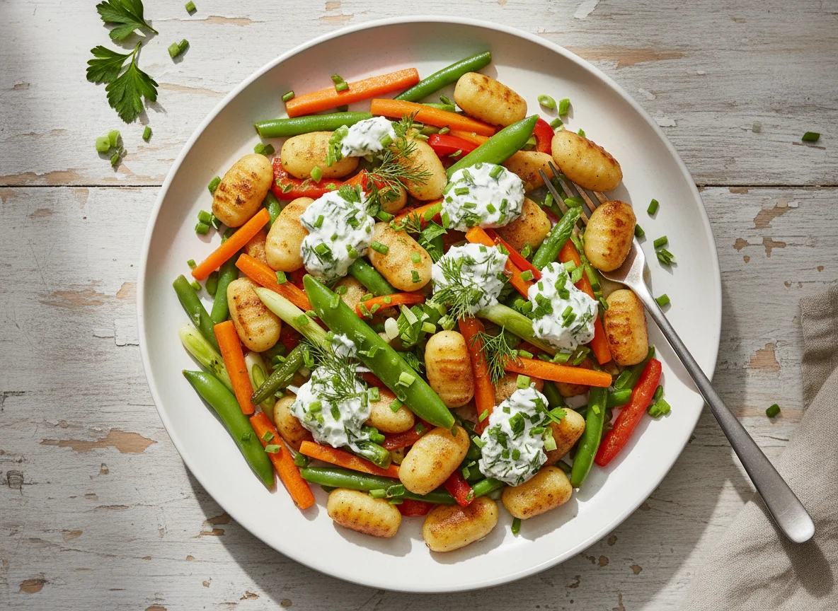 Gnocchi mit Gemüse und Kräuterfrischkäse photo
