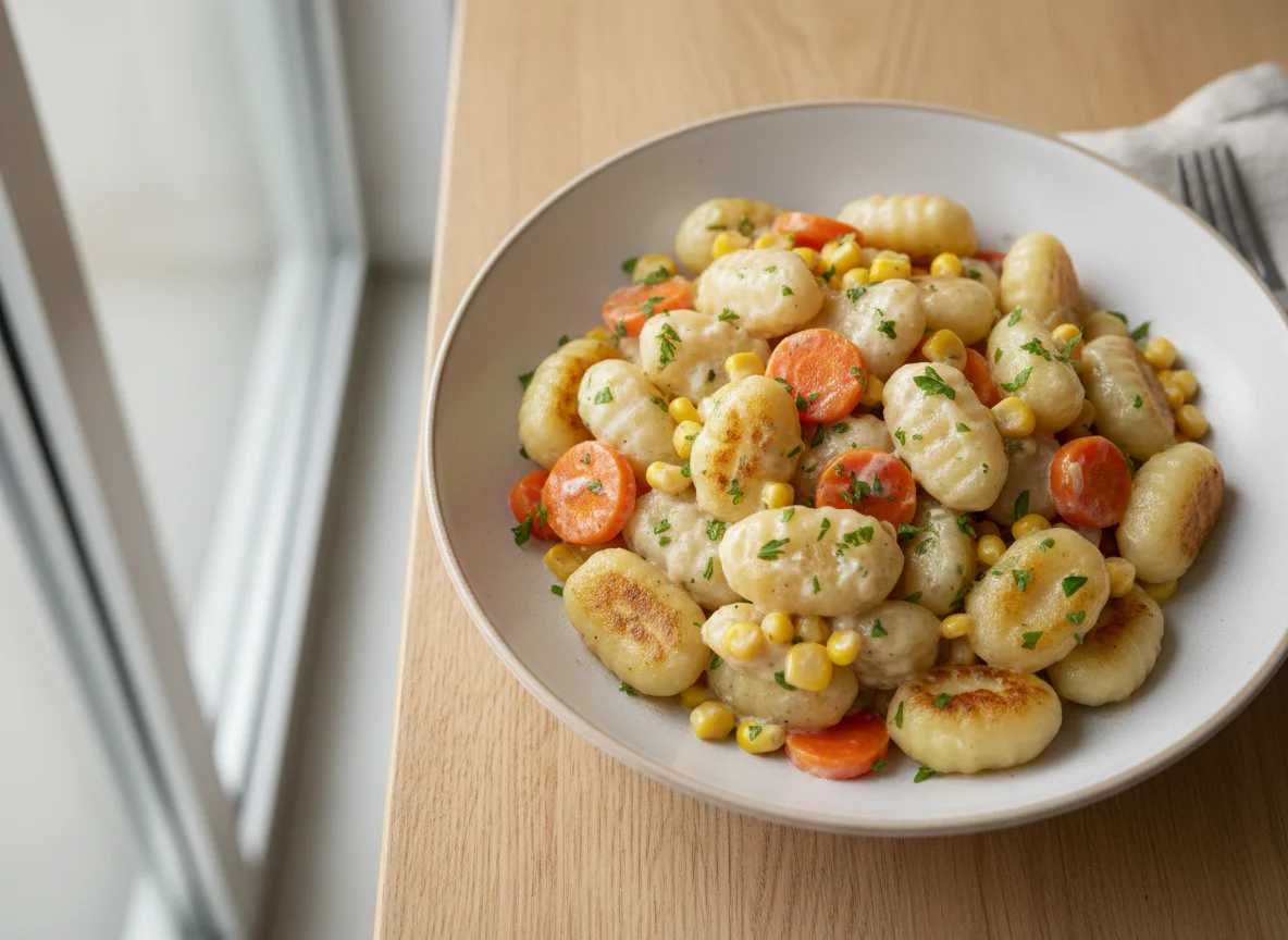 Gnocchi mit Gemüse und Sahnesauce photo