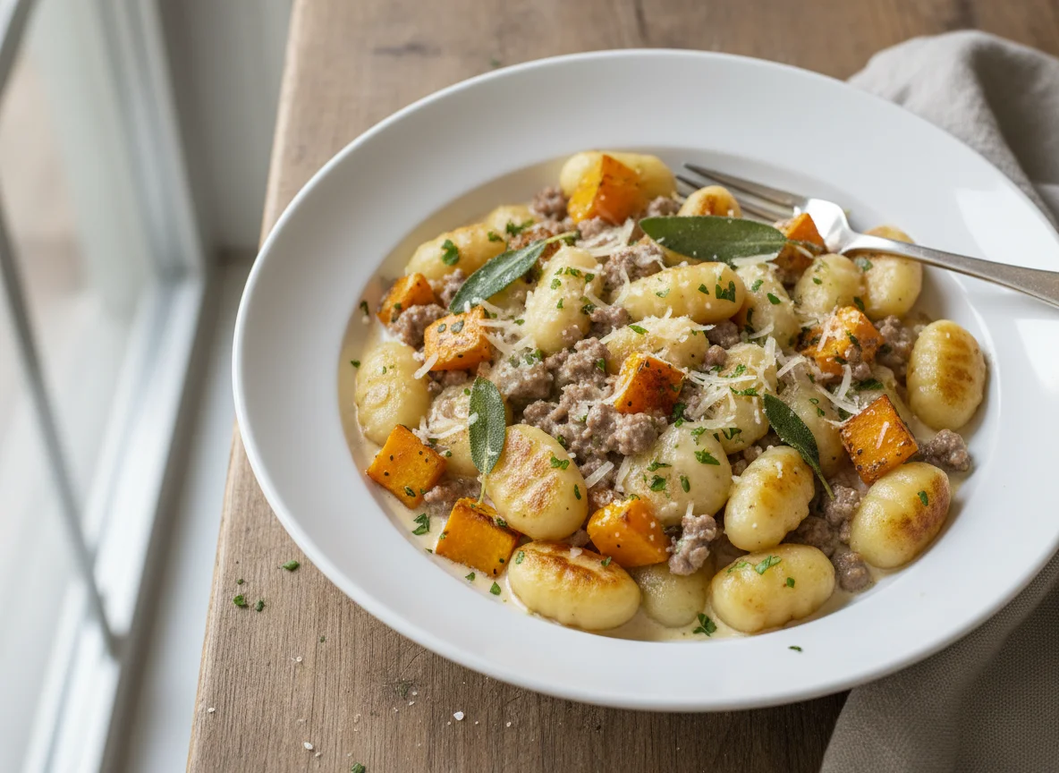 Gnocchi mit Hackfleisch und Kürbis in Sahnesauce photo