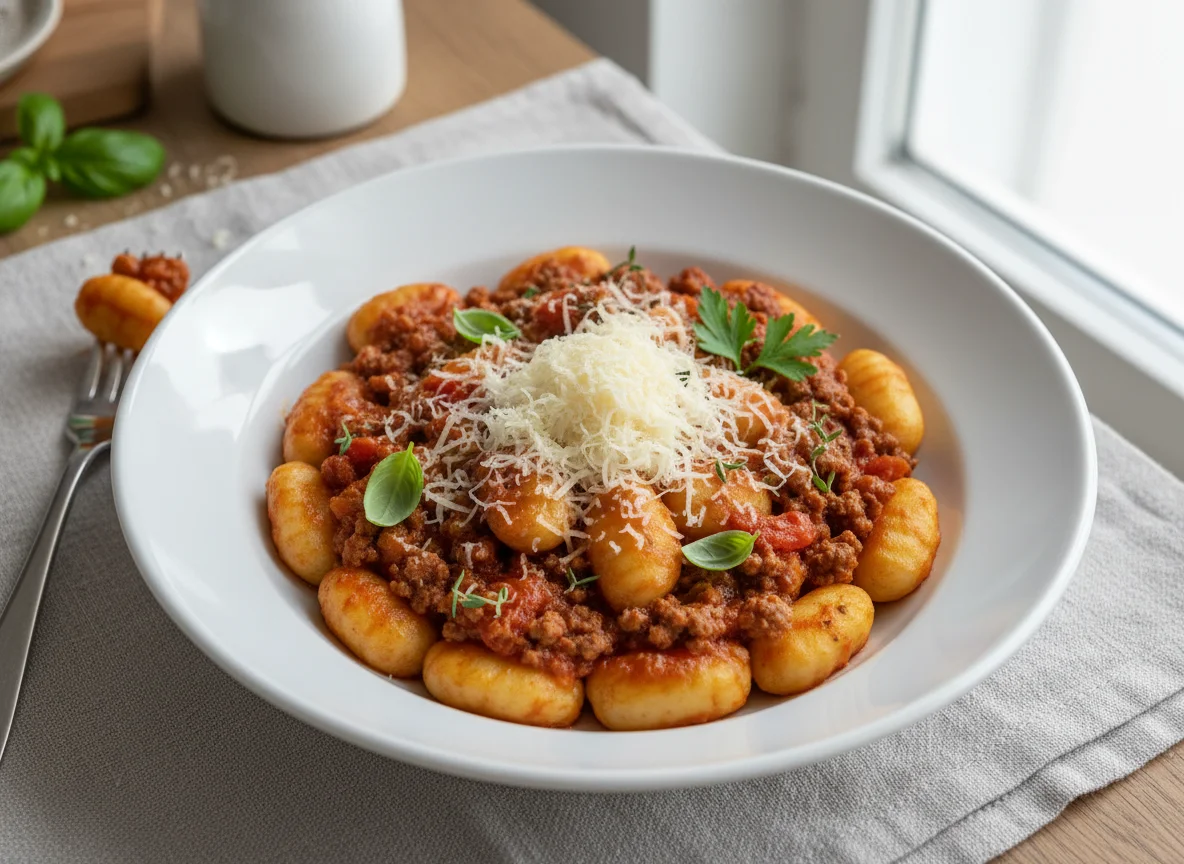 Gnocchi mit Hackfleischsauce und Parmesan photo