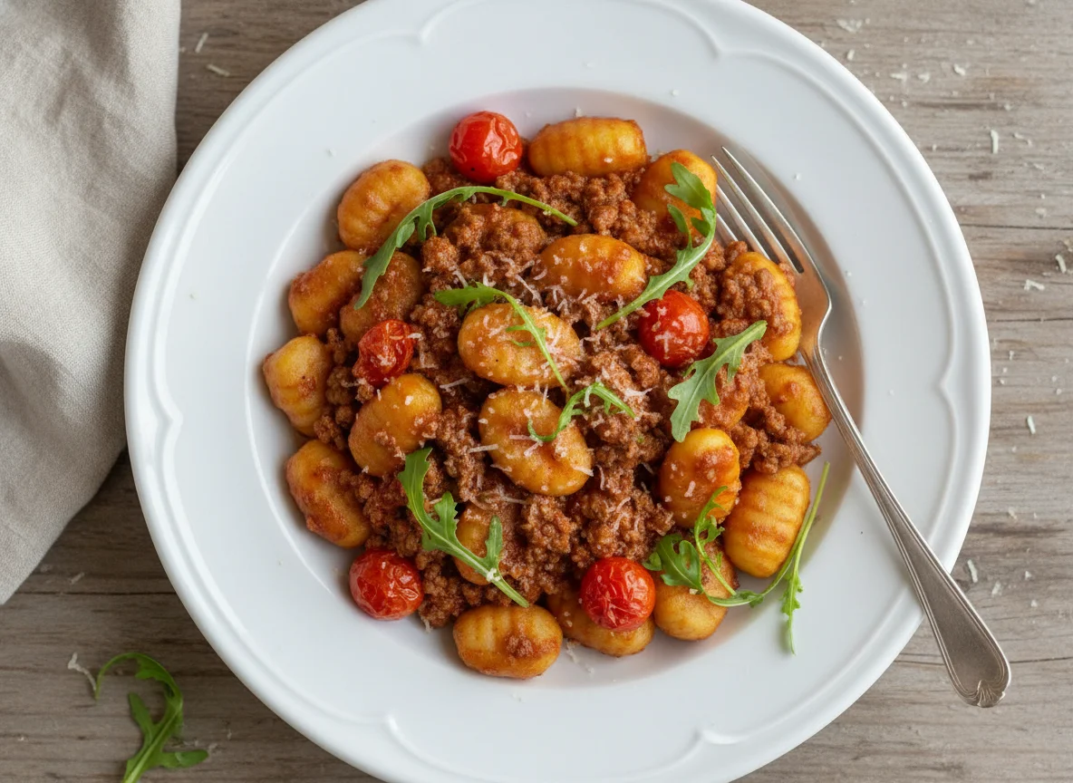 Gnocchi mit Hackfleischsauce und Rucola photo