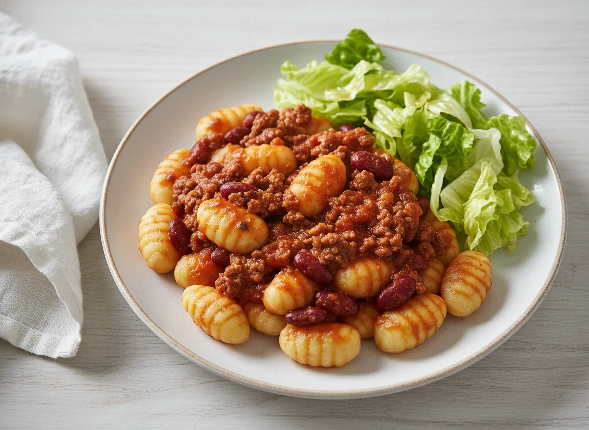 Gnocchi mit Hackfleischsauce und Salat photo