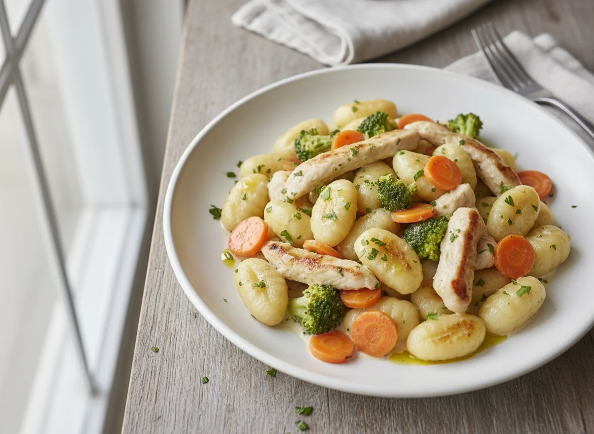 Gnocchi mit Hähnchen, Brokkoli und Karotten in Sahnesauce photo