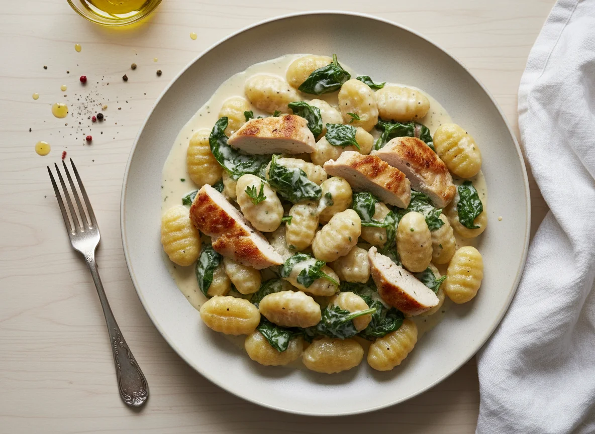Gnocchi mit Hähnchen, Spinat und Sahnesauce photo