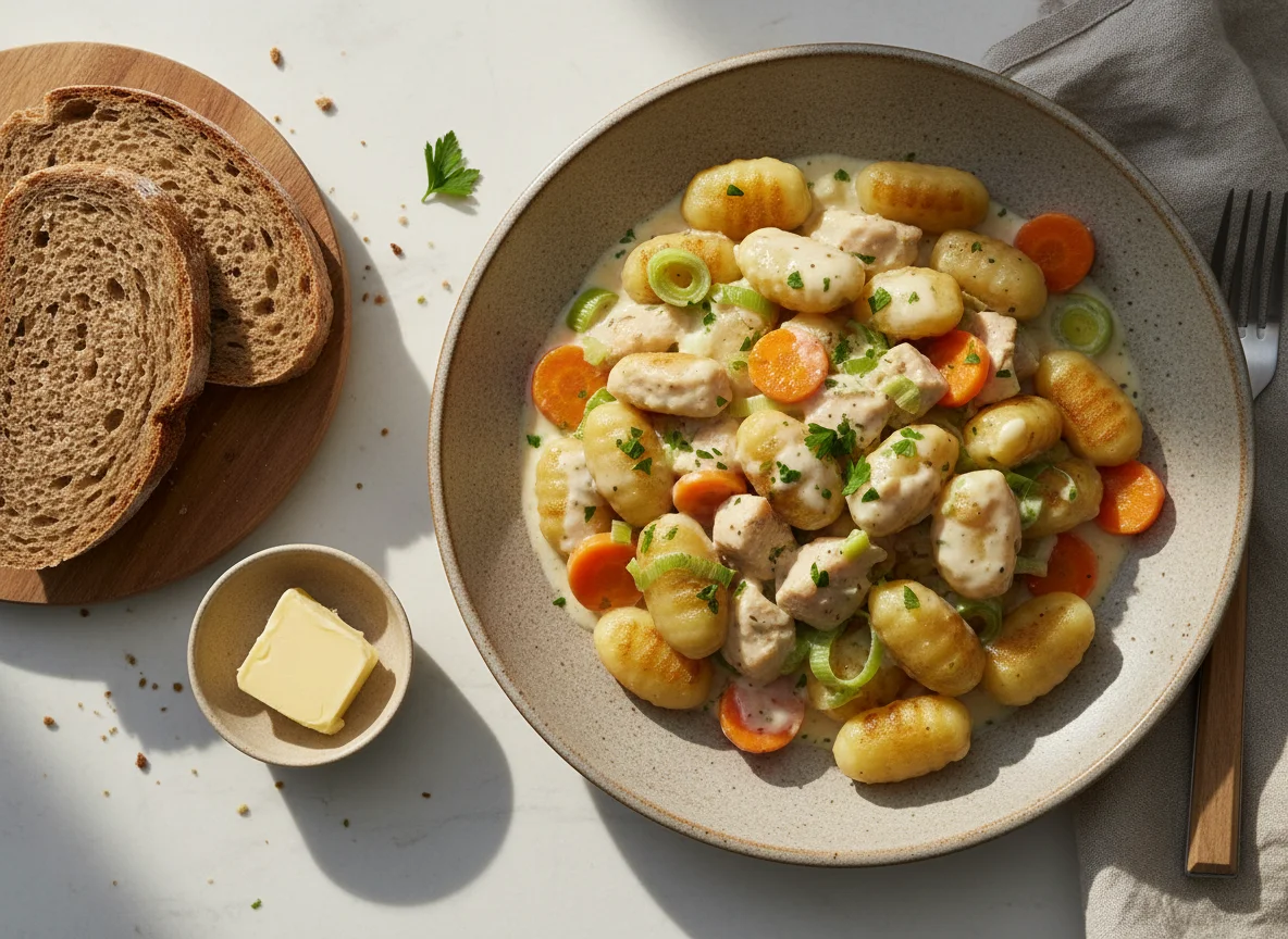 Gnocchi mit Hähnchen und Gemüse in Sahnesauce mit Brot und Butter photo