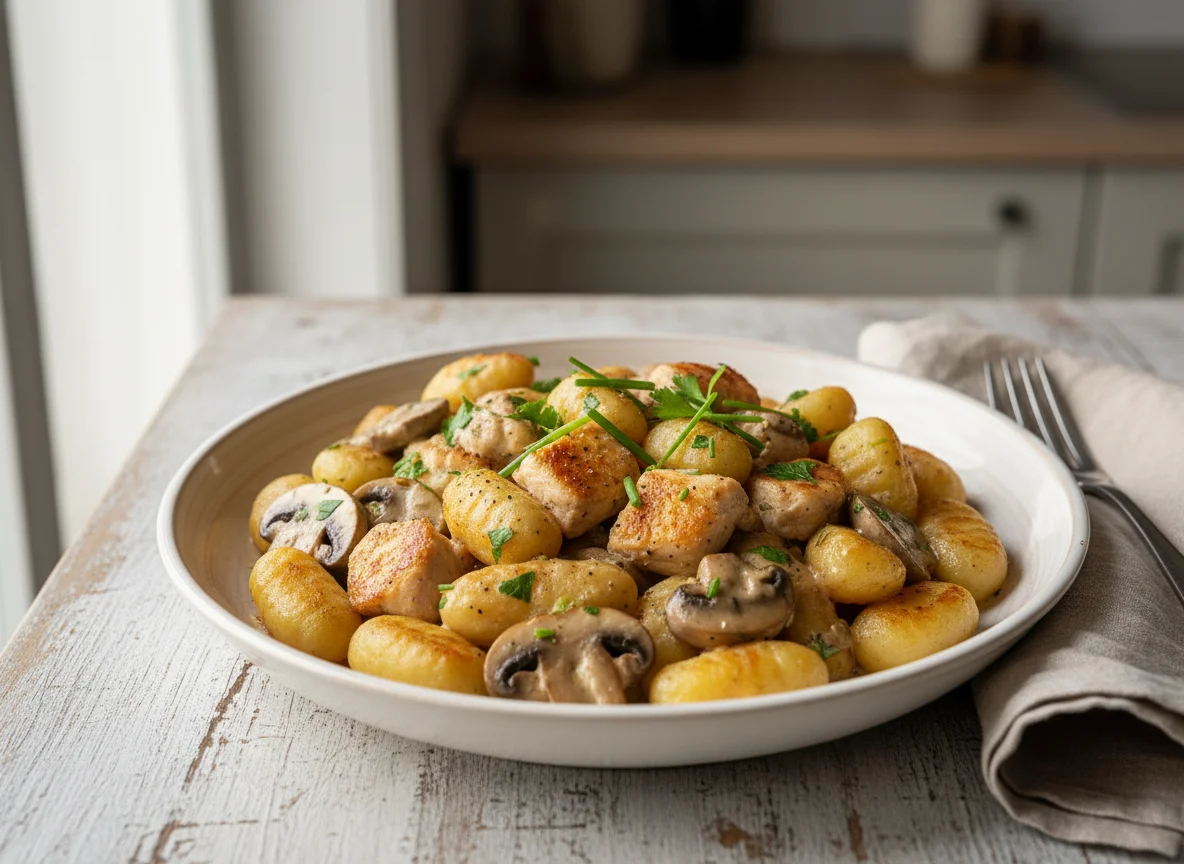 Gnocchi mit Hähnchen und Pilzrahmsoße photo