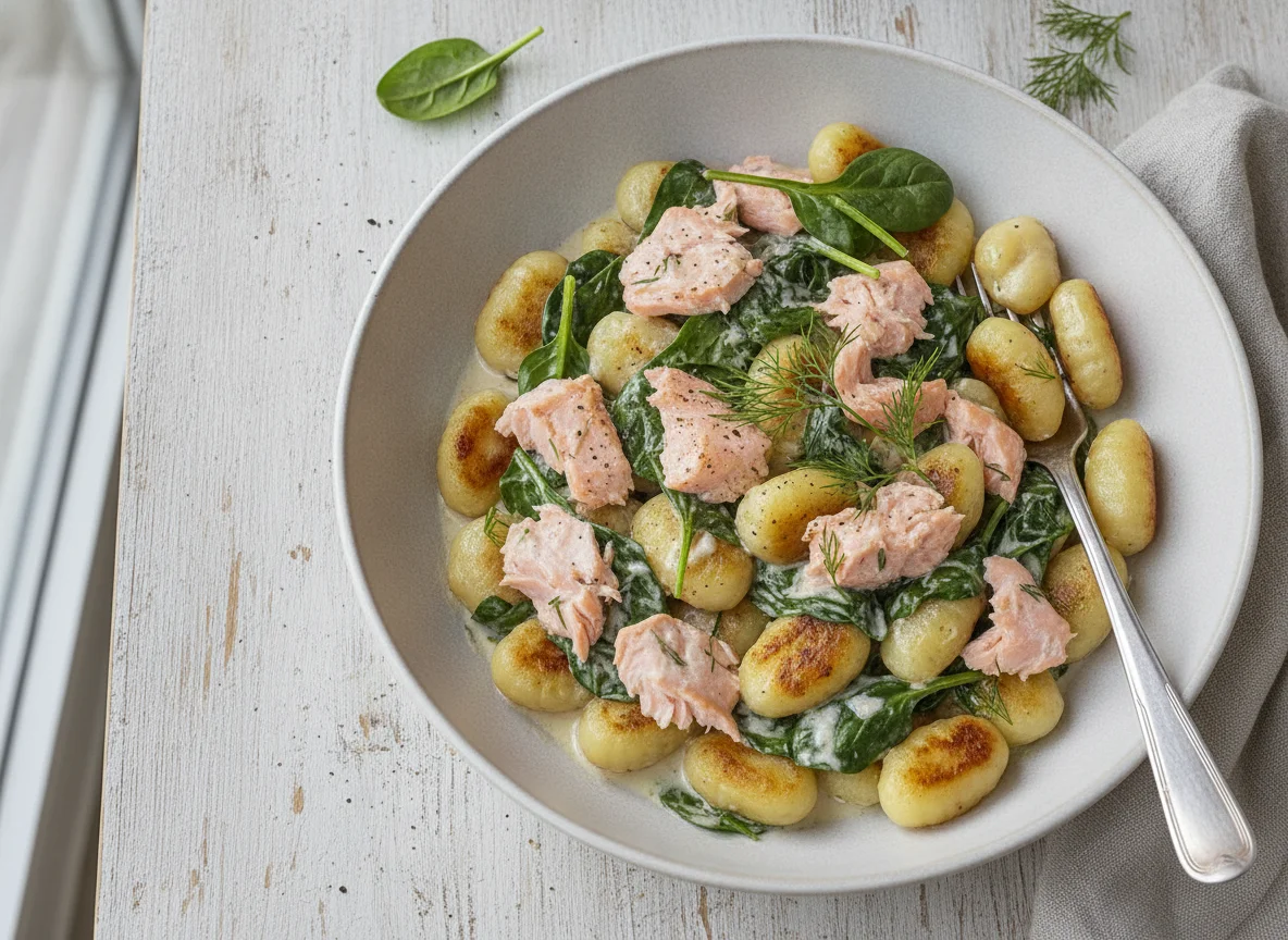 Gnocchi mit Lachs und Spinat in Sahnesauce photo