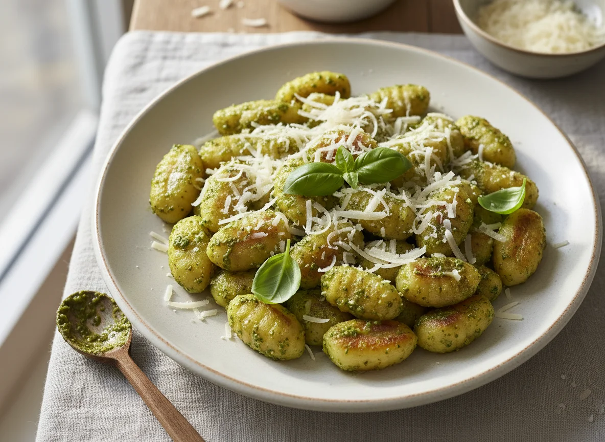 Gnocchi mit Pesto und Käse photo