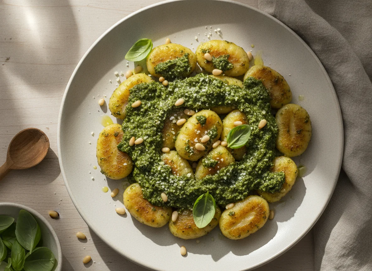 Gnocchi mit Pesto und Pinienkernen photo