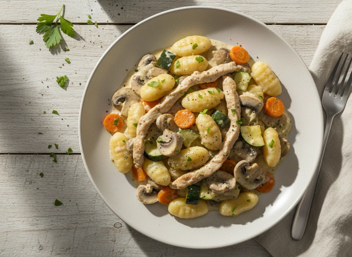 Gnocchi mit Putenstreifen und Gemüse photo