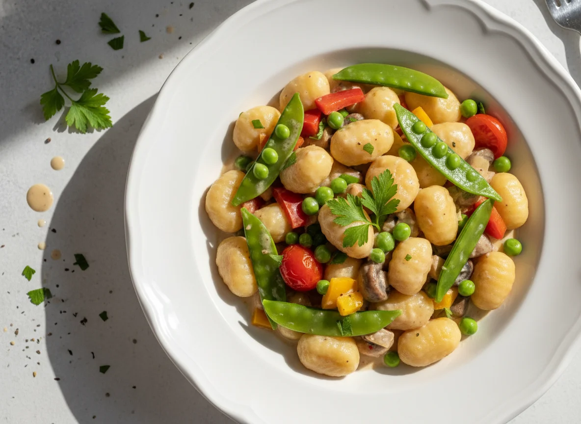 Gnocchi mit Rahmsauce und Gemüse photo