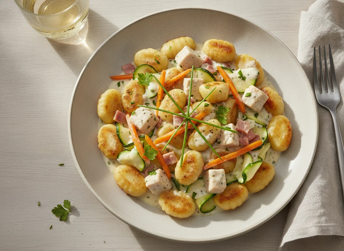 Gnocchi mit Rahmsauce und Poulet photo