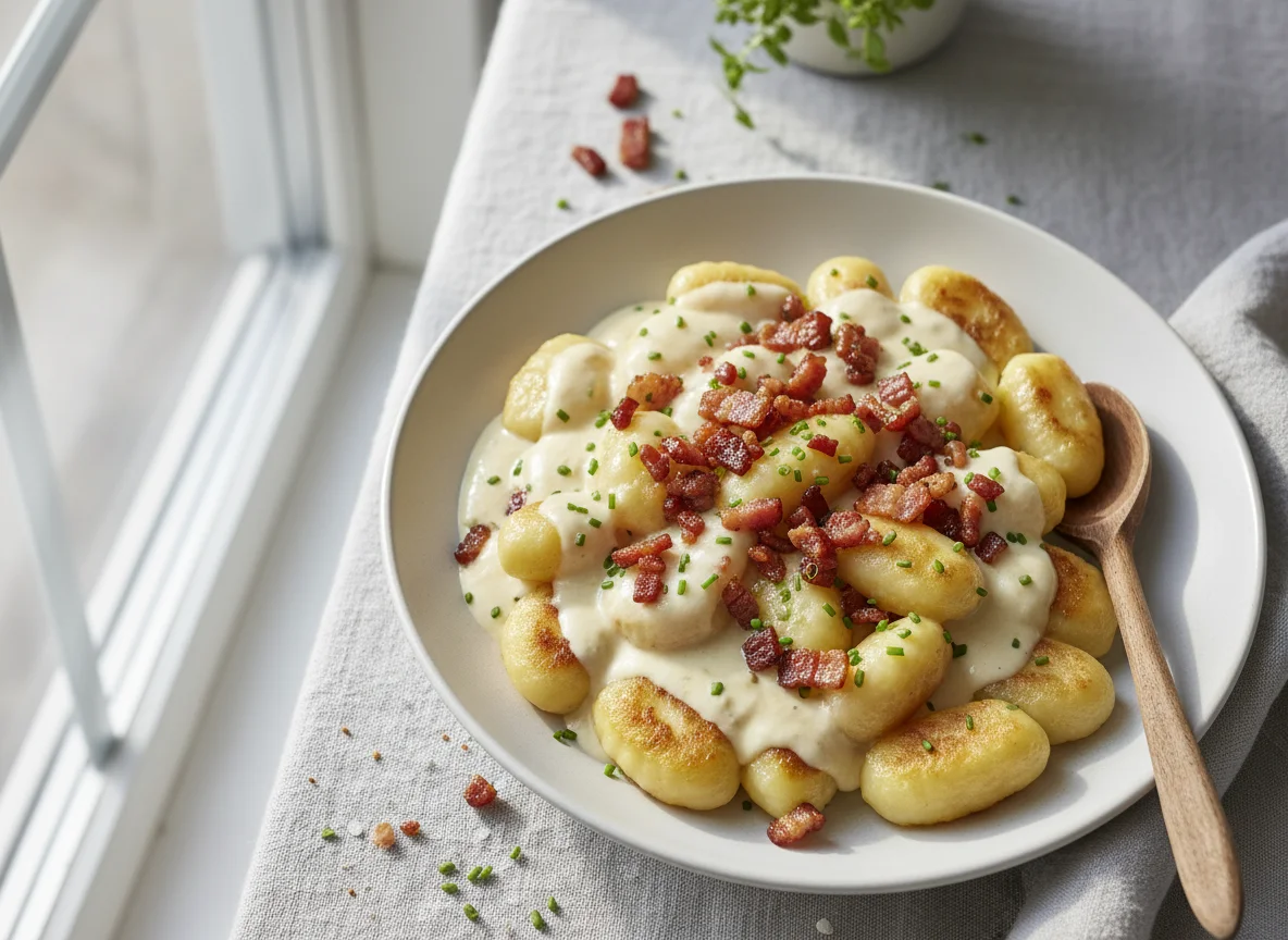 Gnocchi mit Rahmsauce und Speck photo