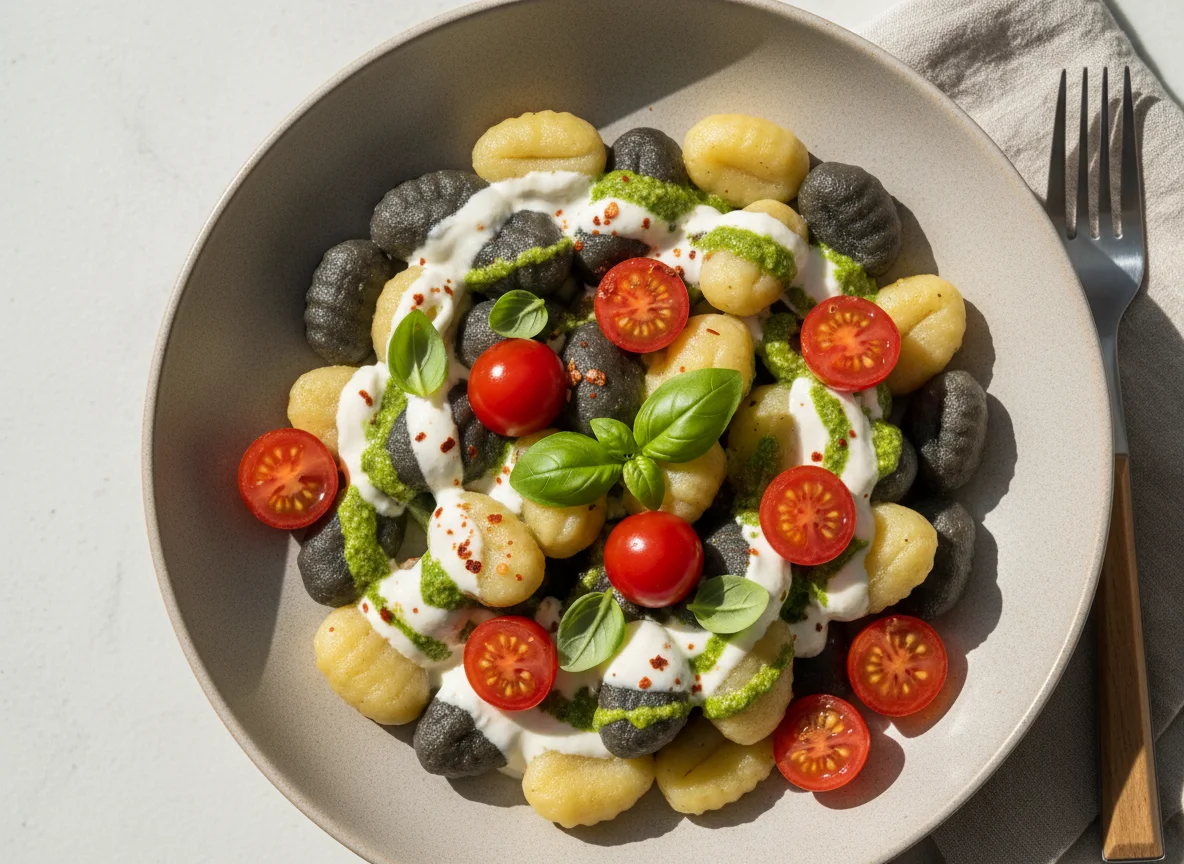Gnocchi mit Soße, Pesto und Kirschtomaten photo