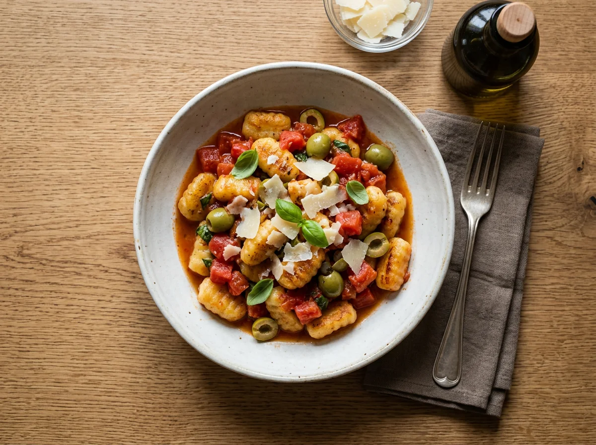 Gnocchi mit Tomaten, Oliven und Parmesan photo