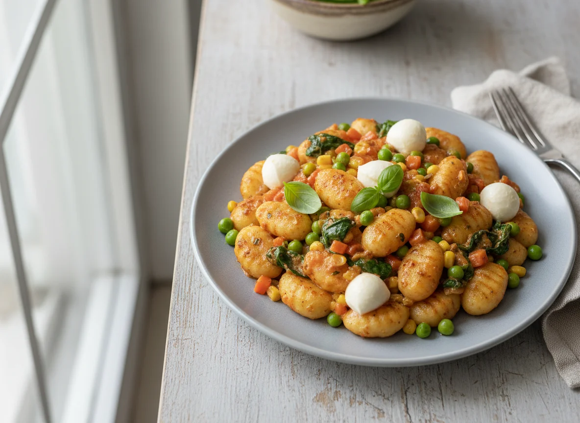 Gnocchi mit Tomaten-Sahne-Sauce und Gemüse photo