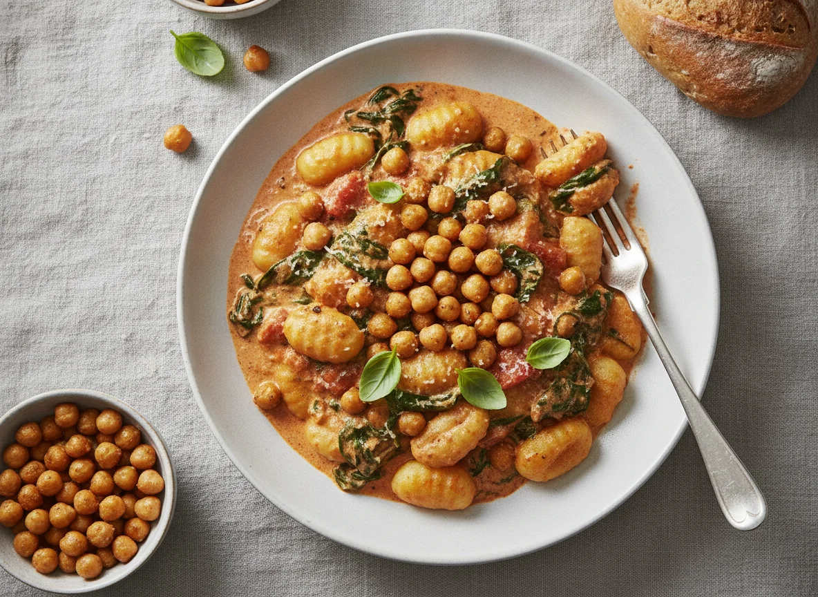Gnocchi mit Tomaten-Sahnesauce und Spinat photo