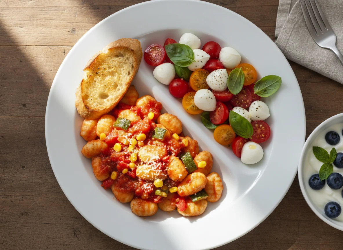 Gnocchi mit Tomatensauce, Caprese und Joghurt mit Blaubeeren photo