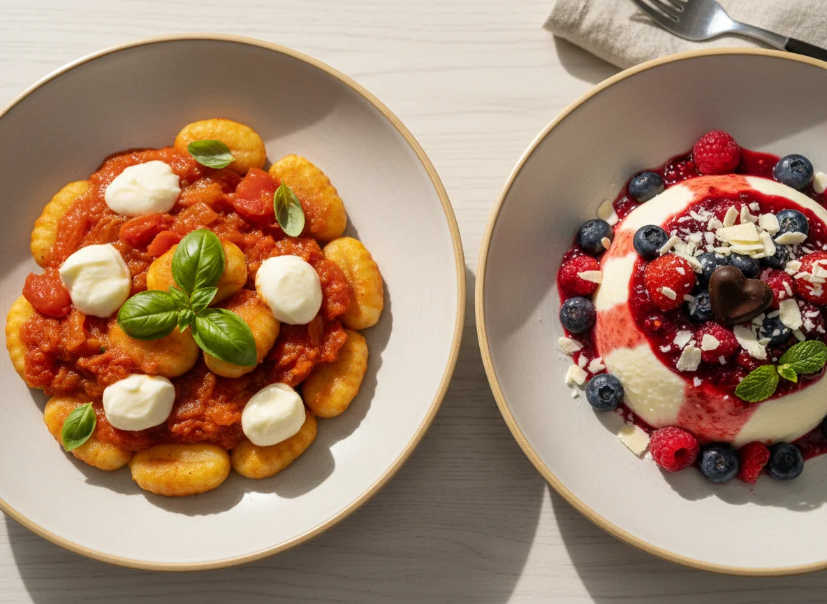 Gnocchi mit Tomatensauce und Basilikum, dazu Beeren-Dessert photo