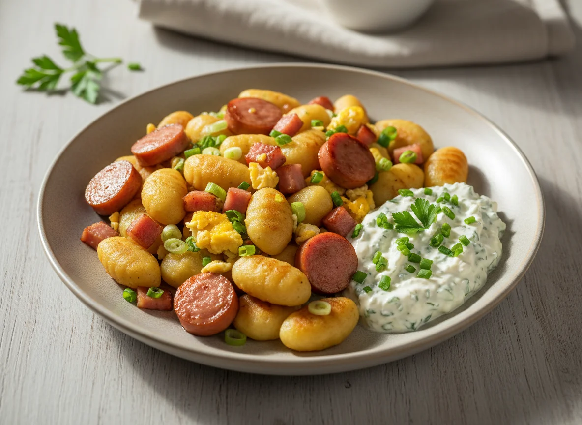 Gnocchi mit Wurst, Speck und Kräuterquark photo
