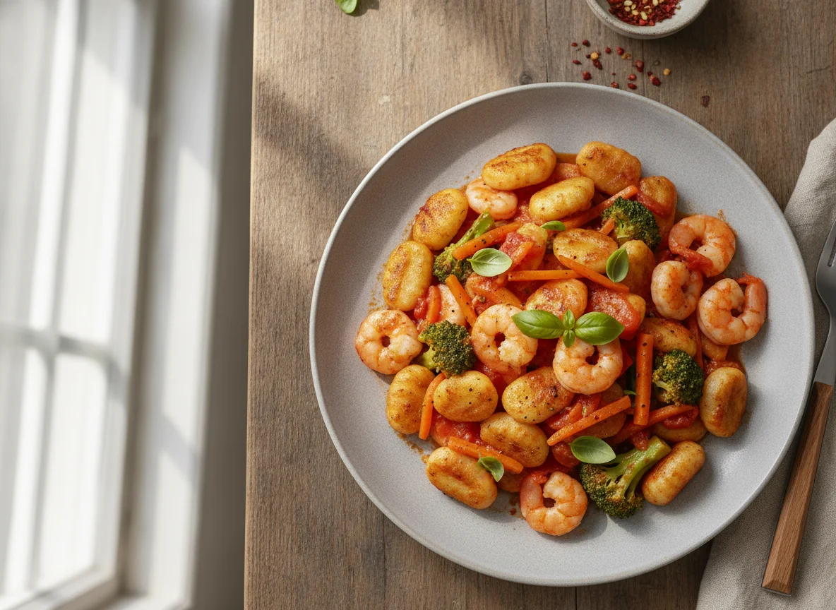 Gnocchi-Pfanne mit Garnelen und Gemüse photo