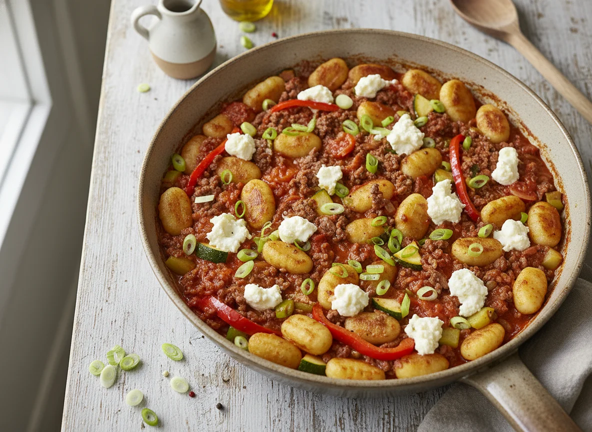Gnocchi-Pfanne mit Hackfleisch und Feta photo