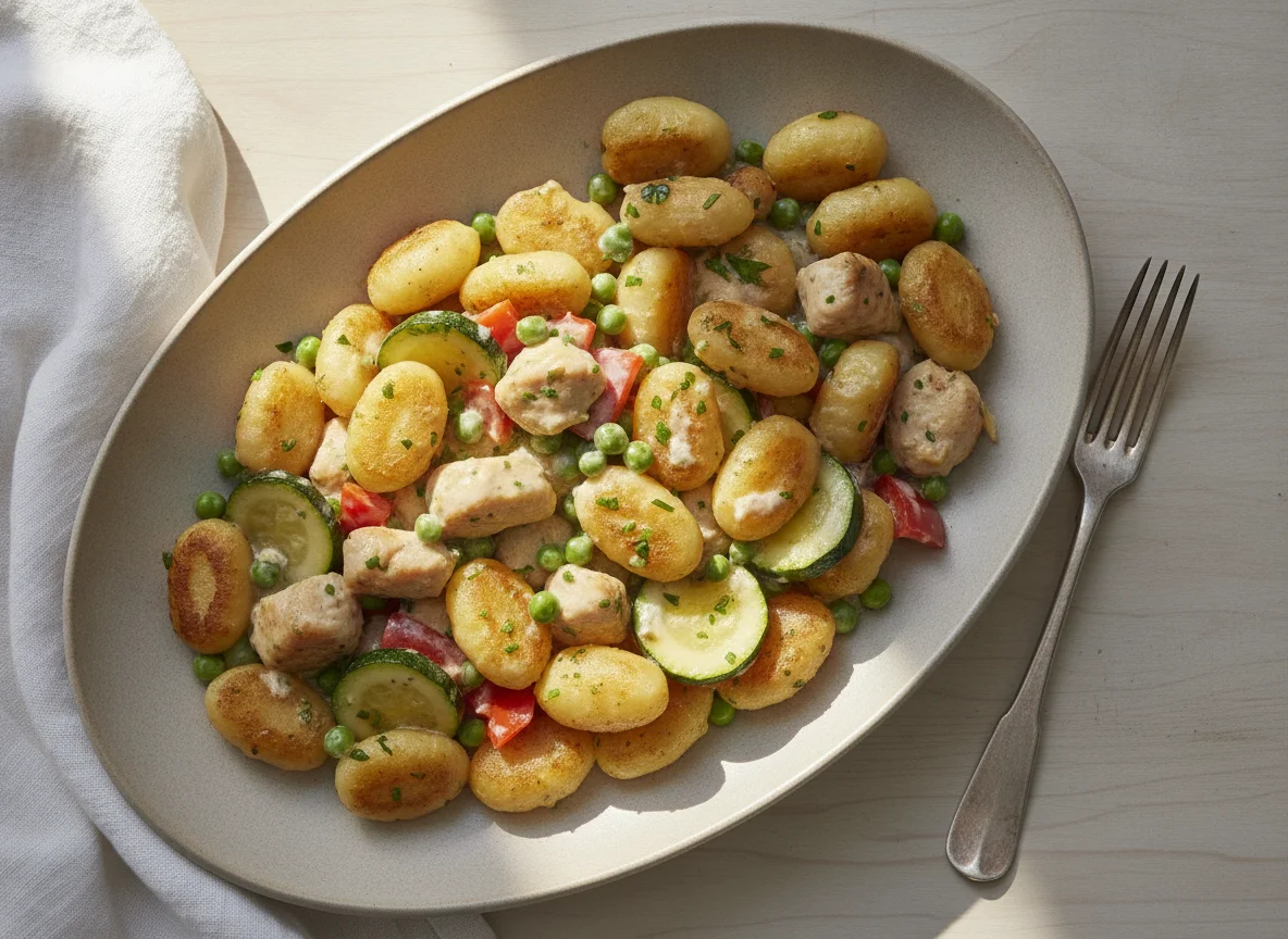 Gnocchi-Pfanne mit Hähnchen und Gemüse in Sahnesauce photo