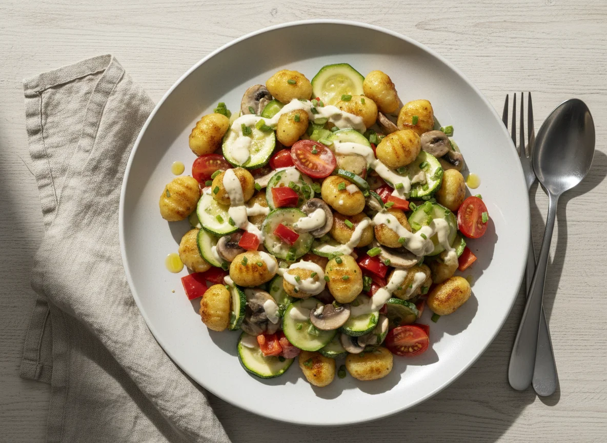 Gnocchi-Salat mit Gemüse und cremiger Soße photo
