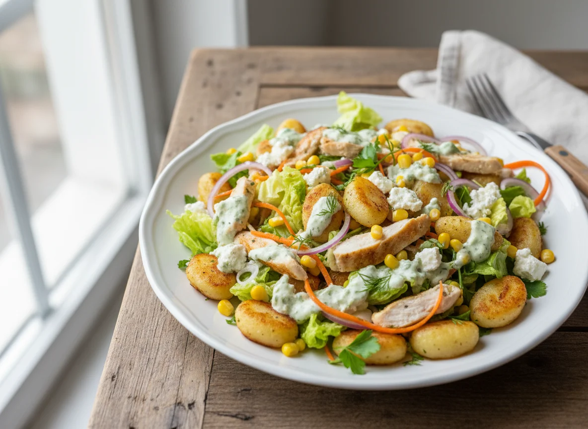 Gnocchi-Salat mit Hähnchen und Feta photo