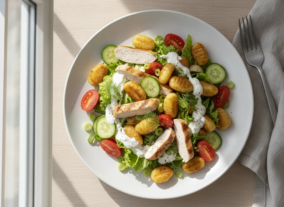 Gnocchi-Salat mit Hähnchen und Gemüse photo
