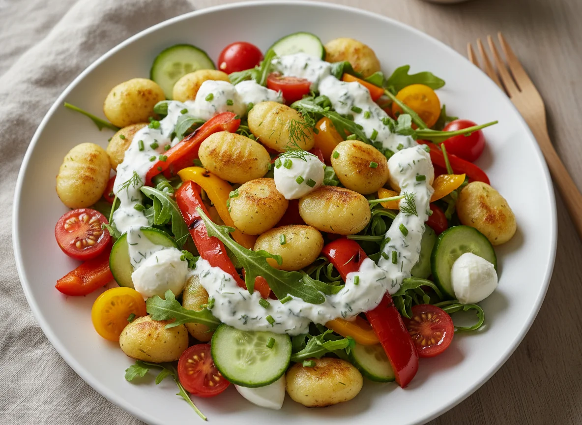 Gnocchi-Salat mit Mozzarella und gegrilltem Gemüse photo