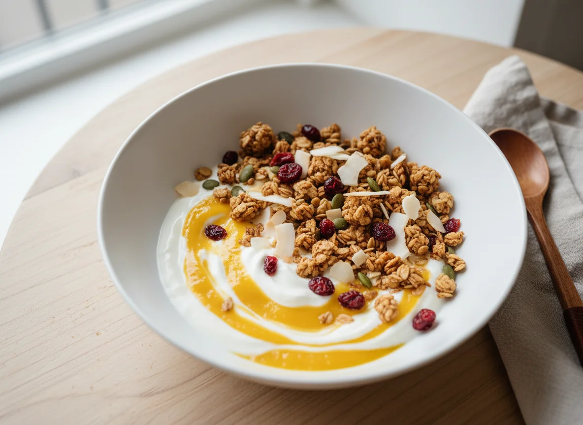 Granola mit Joghurt und Fruchtpüree photo