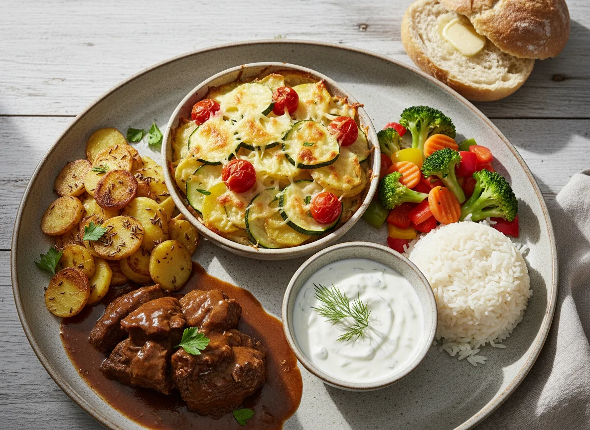 Gratin mit Fleisch und Gemüse, dazu Beilagen photo