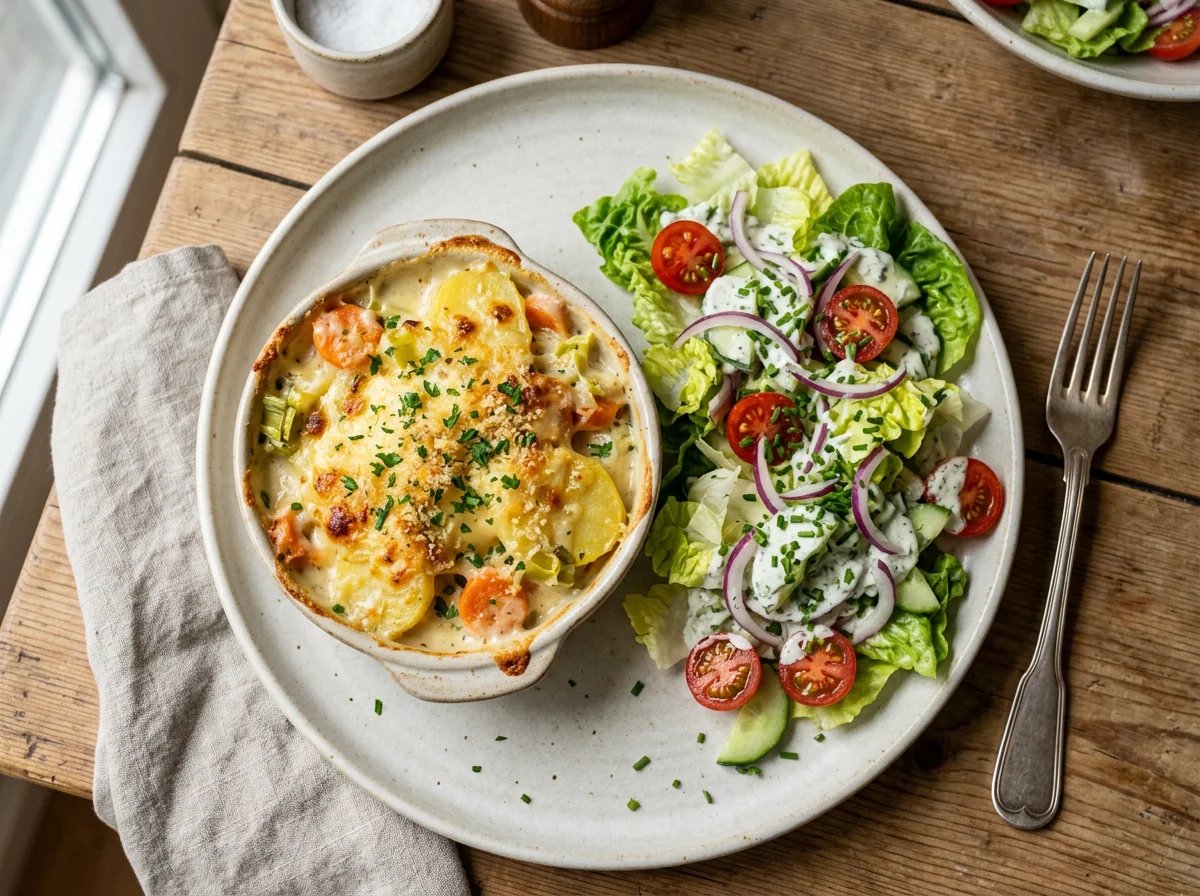 Gratin mit gemischtem Salat photo