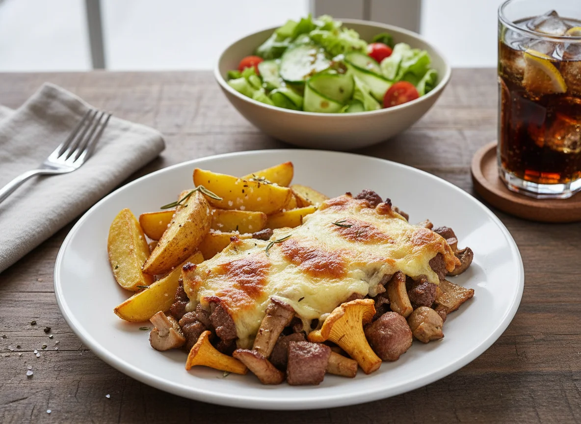 Gratin mit Kartoffelspalten, Beilagensalat und Limonade photo