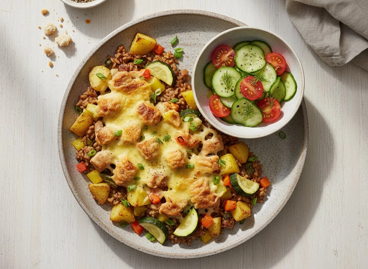 Gratin mit Reis und Gemüse, dazu Gurkensalat photo